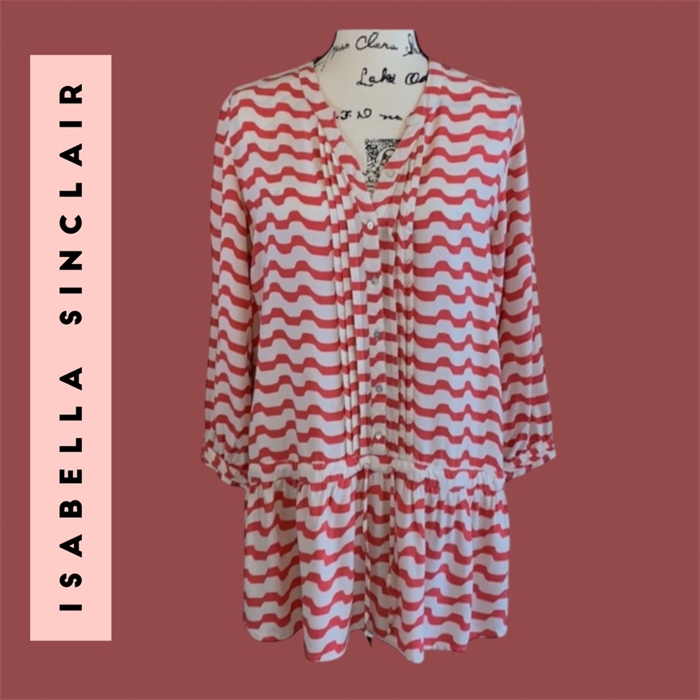 ISABELLA SINCLAIR Tunic Coral Beige Swizzle Stripe 3/4 Sleeve Anthropologie M